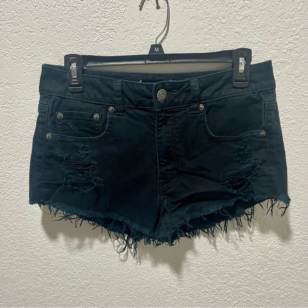 American Eagle Outfitters Stretch Black Distressed High Waist Denim Short Shorts